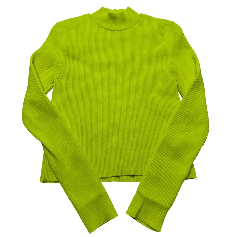 Zara Womens Neon Lime Green Ribbed Mock Neck Knit Sweater Size S Long Sleeve